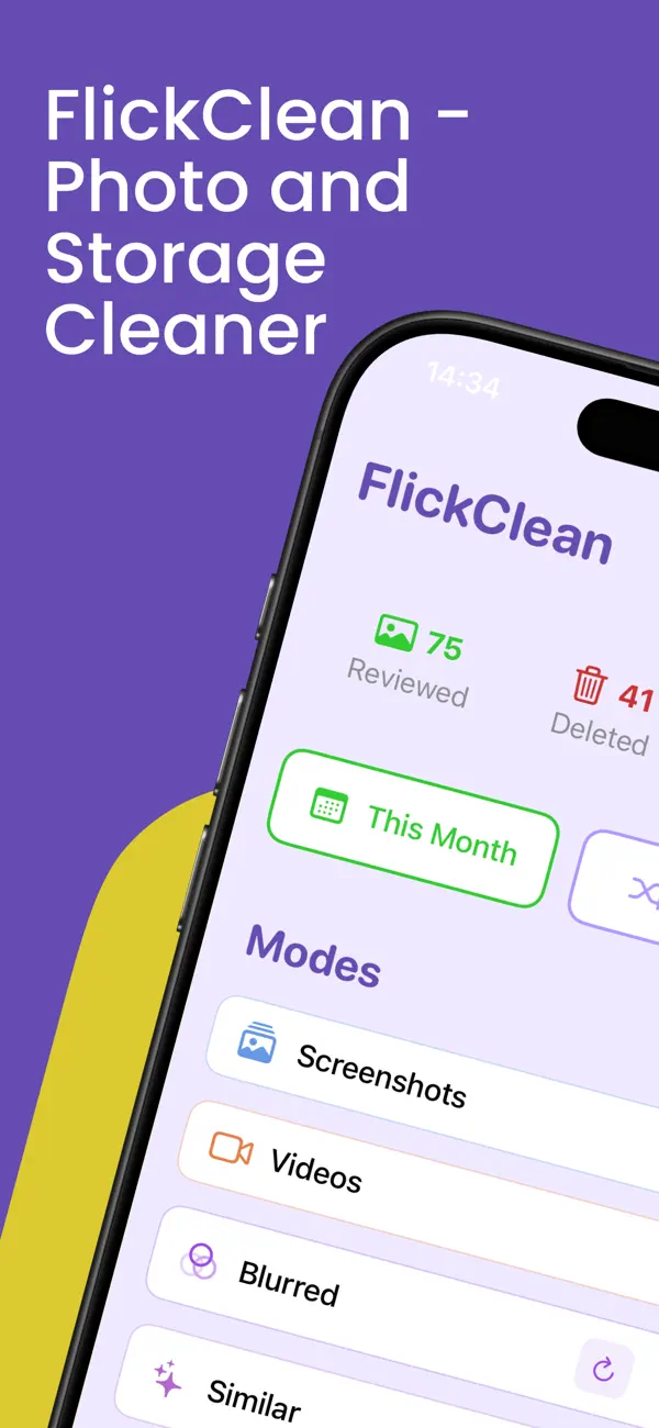FlickClean home screen with Screenshots cleaning mode for bulk-deleting iPhone screenshots