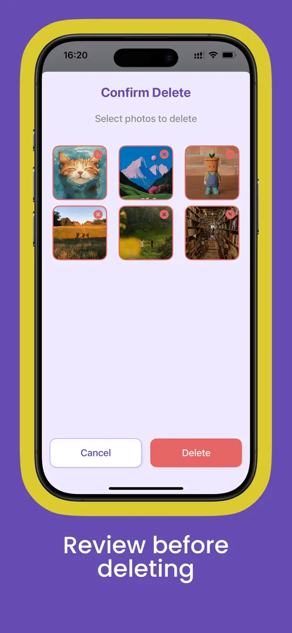 Confirm Delete screen — review photos before deleting