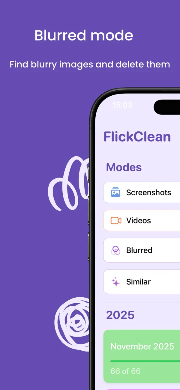 FlickClean Blurred mode automatically finding blurry photos to delete on iPhone