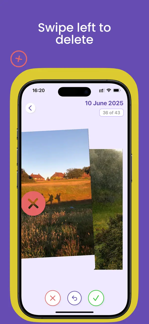 Swiping left to delete a photo in the FlickClean swipe-to-delete photos app for iPhone
