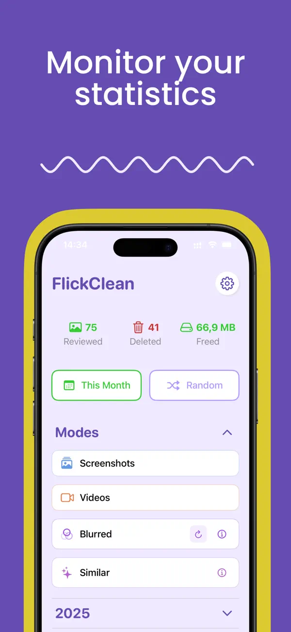 FlickClean statistics screen showing photos reviewed, deleted and storage freed during camera roll cleanup
